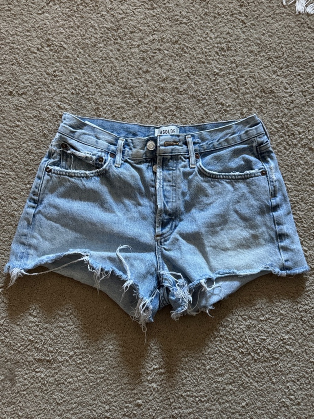 Agolde Light Wash High-Rise Raw Hem Denim Shorts